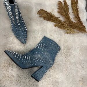 Chic Studded Denim Blue Heeled Boots